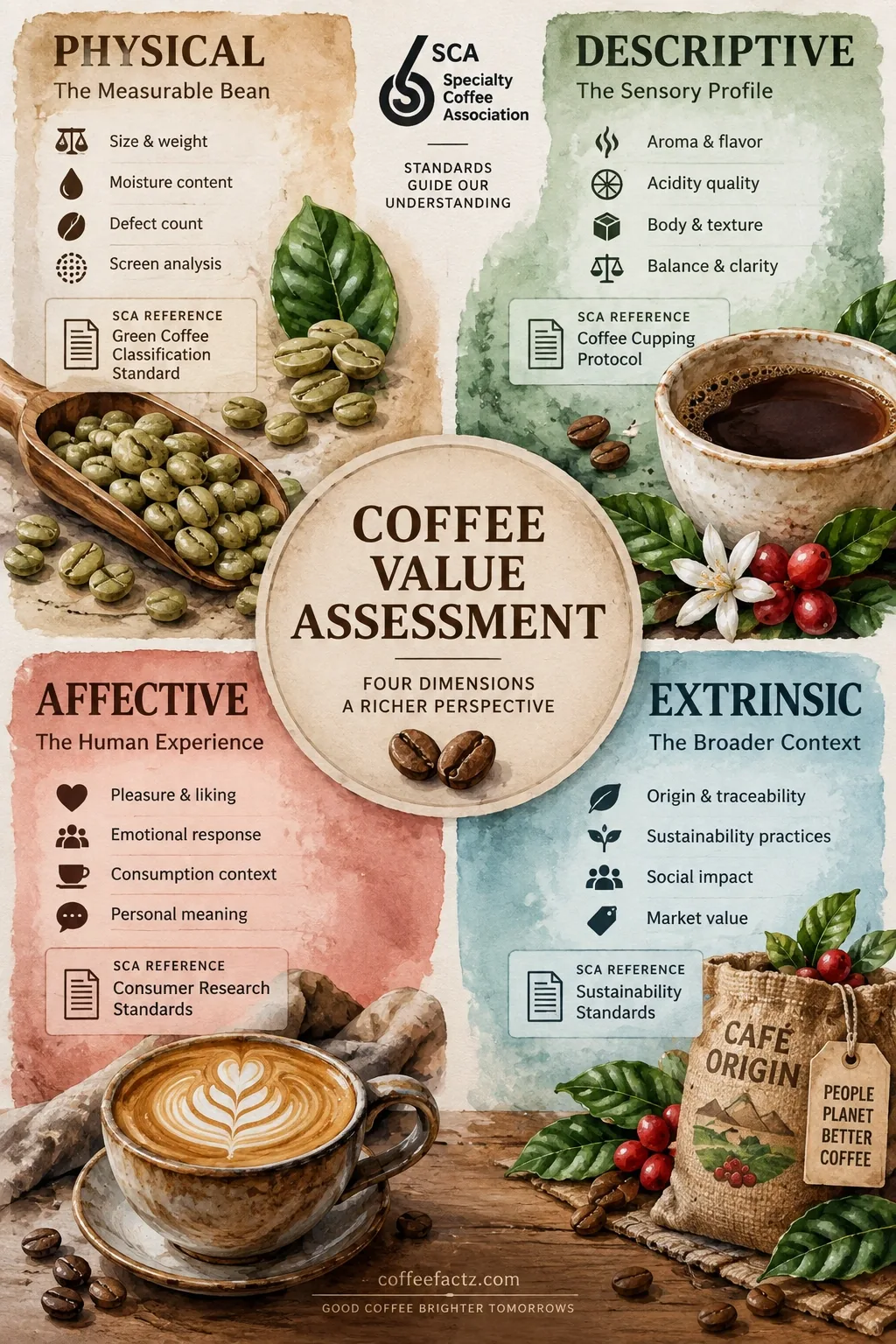 SCA Coffee Value Assessment diagram linking Physical, Descriptive, Affective, and Extrinsic dimensions to standards.
