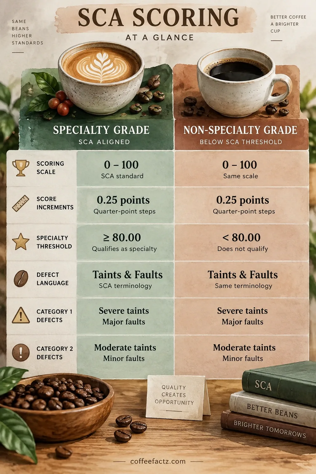 Side-by-side SCA scoring scales, increments, specialty thresholds, and taint/fault vs Category 1/2 defect splits.