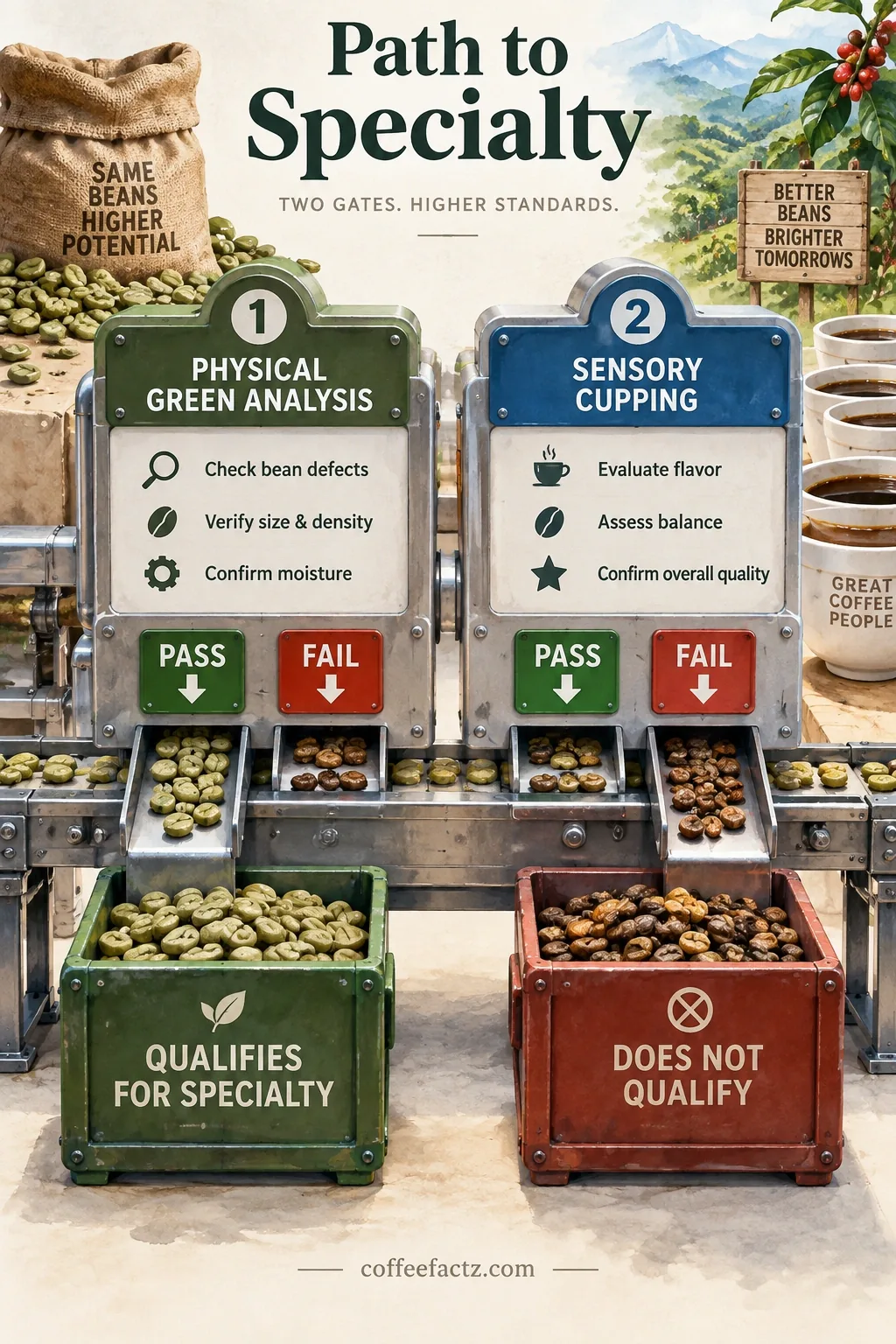 Two-gate SCA specialty coffee grading infographic showing green bean physical analysis and sensory cupping pass/fail gates.