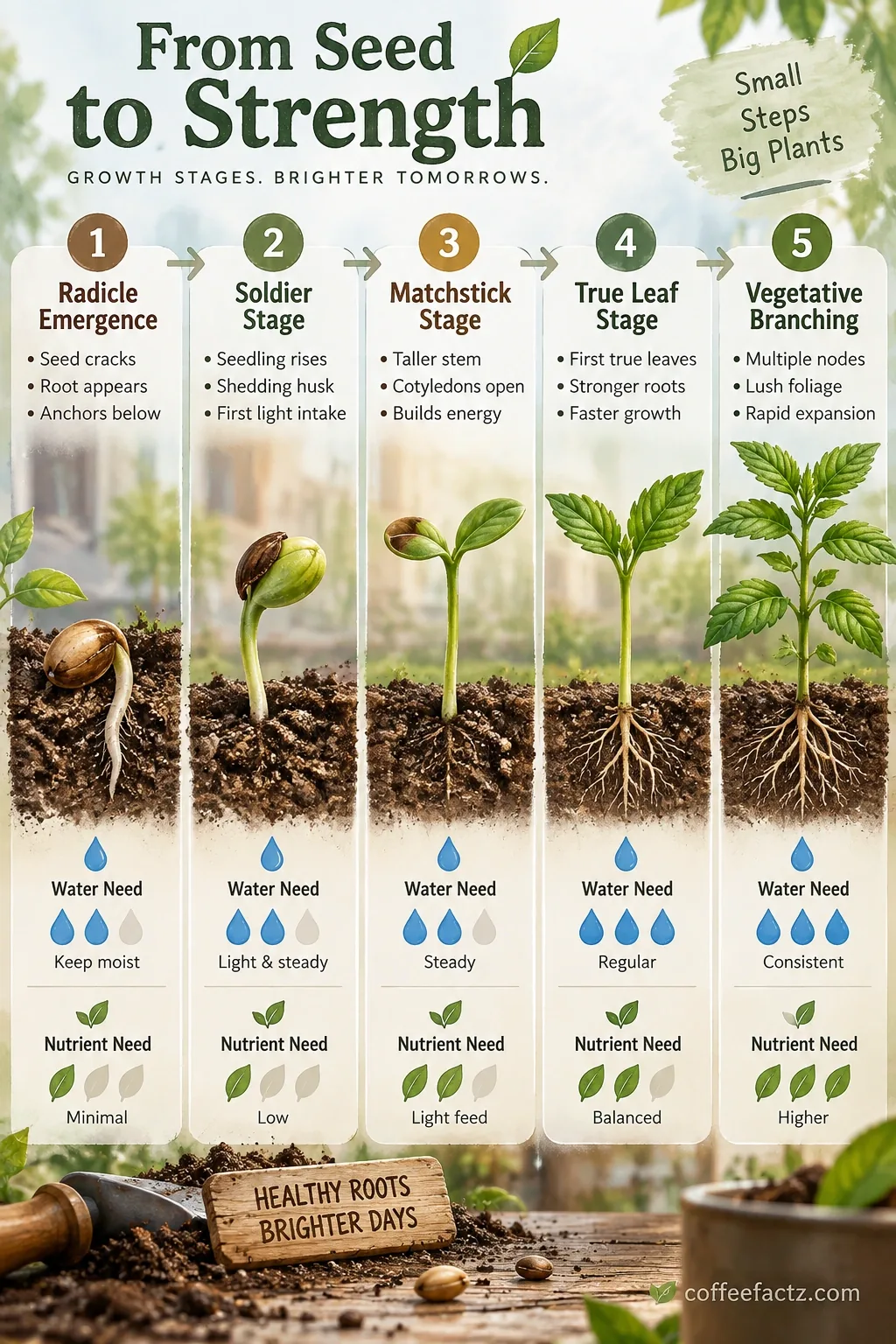 Coffee Cultivation: The Complete Farm Lifecycle From Soil to Cherry 8 Watercolor 3D infographic: seed germination stages from radicle to vegetative branching, with water and nutrient needs.