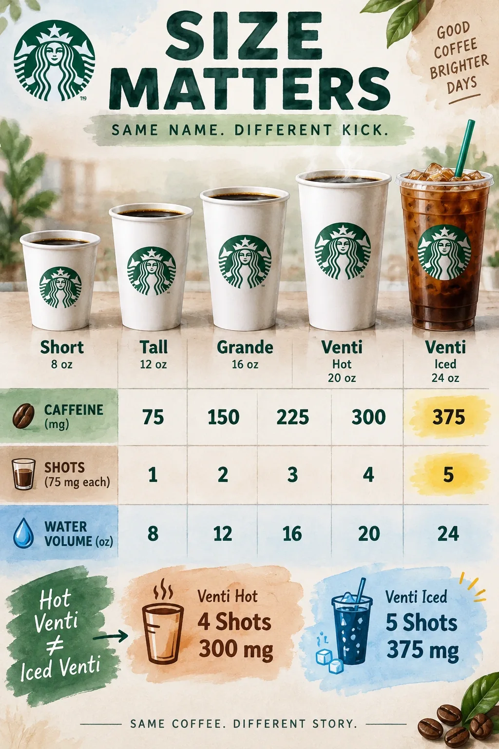 Infographic comparing Short, Tall, Grande, Venti Hot and Venti Iced Americano shots, caffeine, water, and 75 mg per shot.