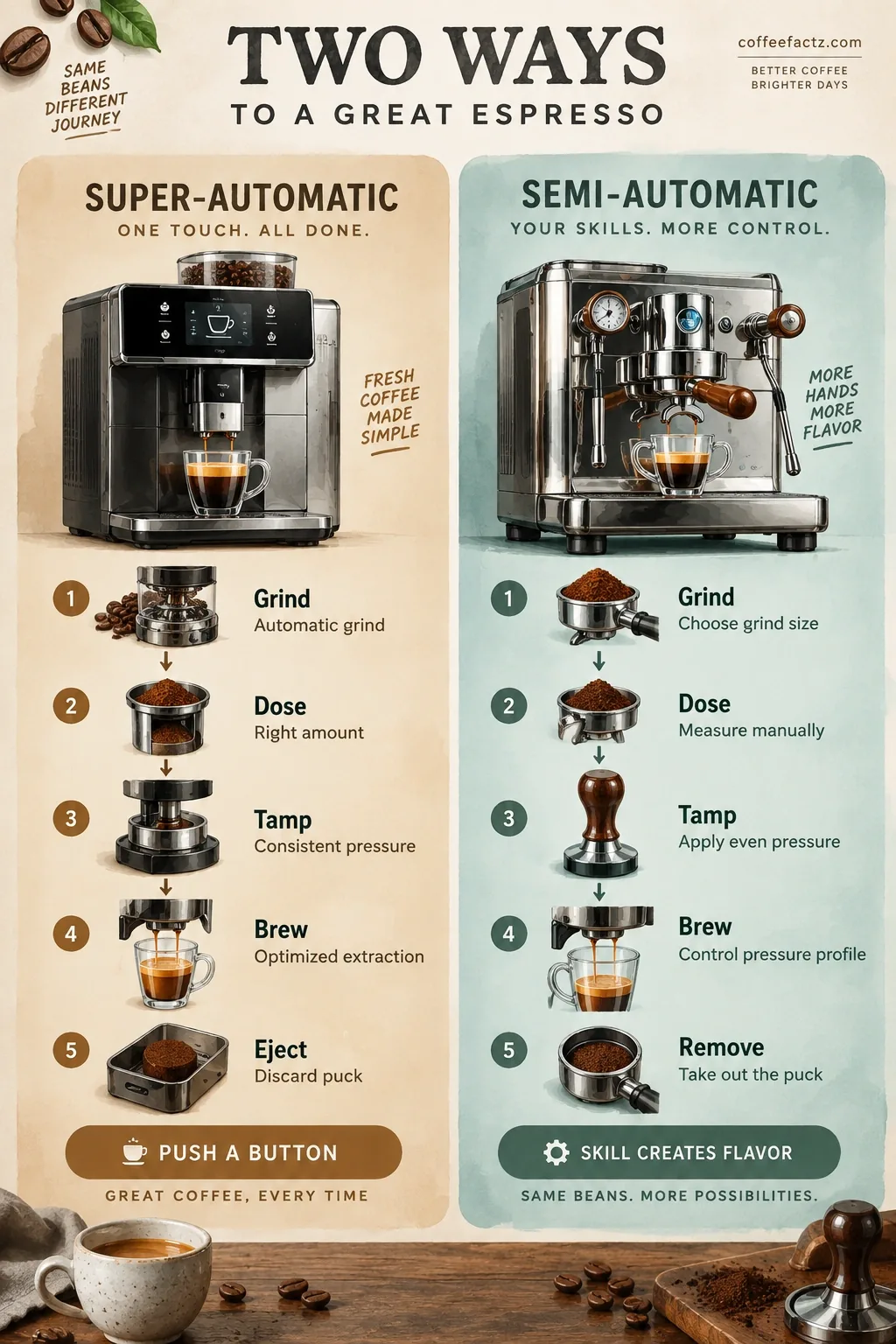 Infographic comparing one-touch super-automatic espresso steps to manual semi-automatic puck prep and pressure profiling.