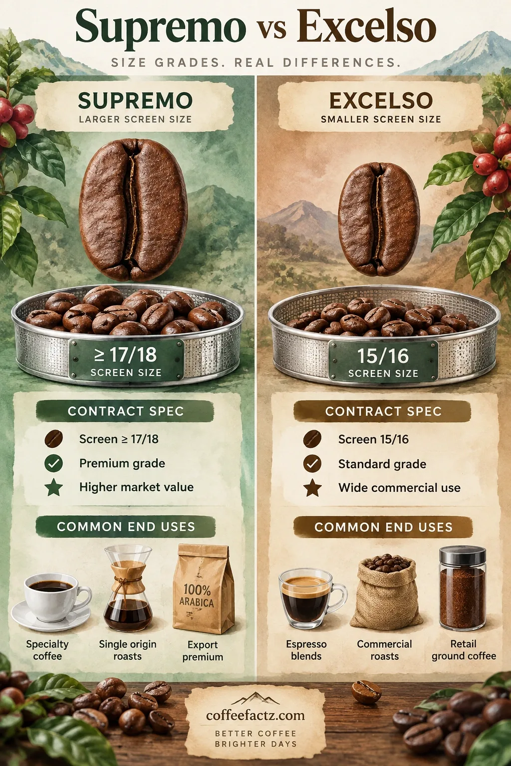 Hyper-realistic 3D watercolor infographic comparing Supremo and Excelso bean screen sizes, contract specs, and end uses