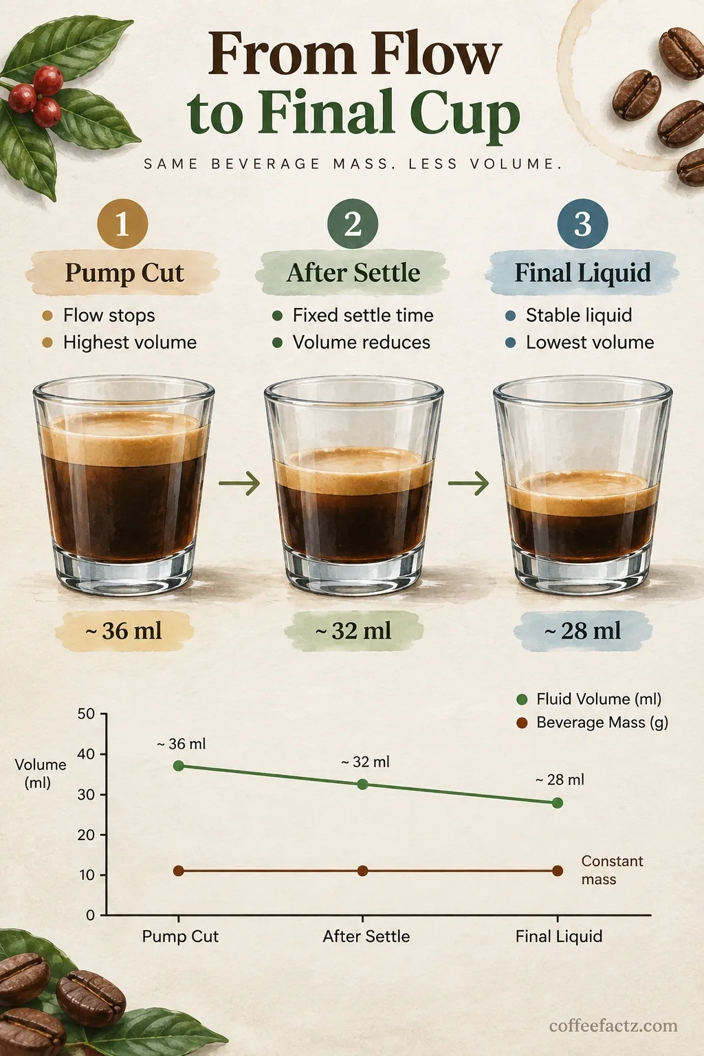 Three-stage timeline: fluid volume at pump cut, fixed settle time, final settled liquid, and flat beverage mass line.