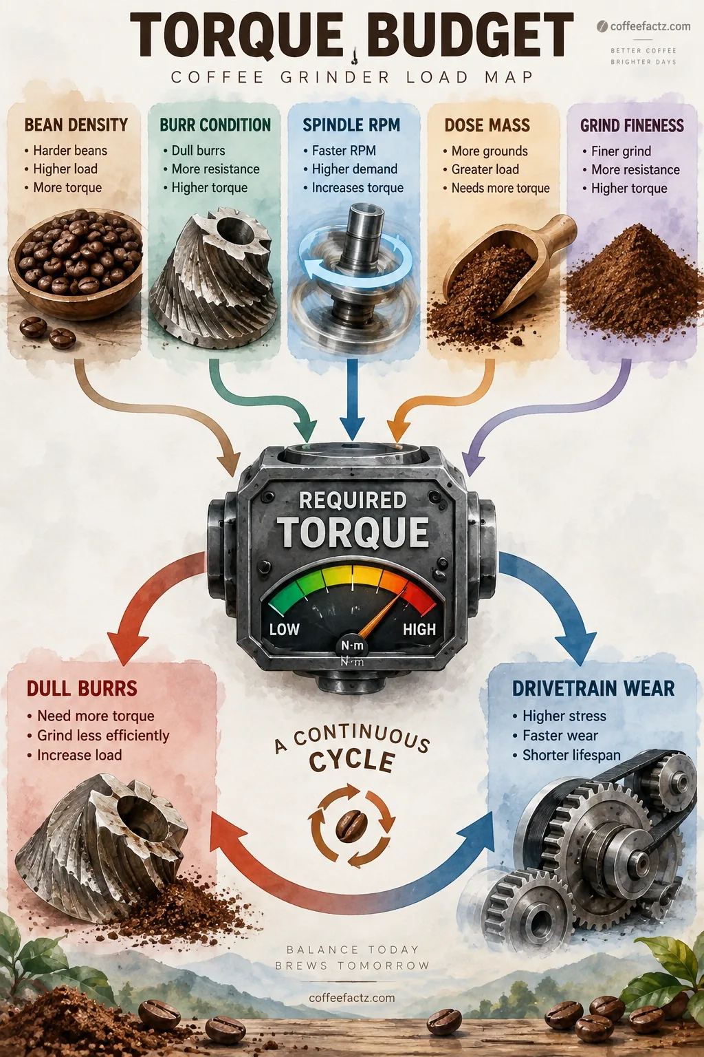 Diagram linking bean density, burr condition, RPM, dose, and grind fineness to torque demand and drivetrain wear feedback.
