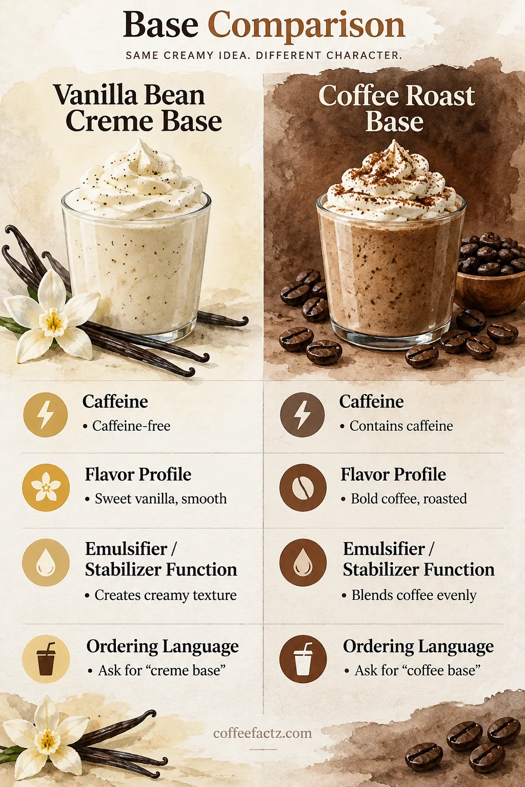 Side-by-side infographic comparing vanilla creme and coffee roast bases by caffeine, flavor, emulsifier, and ordering terms.