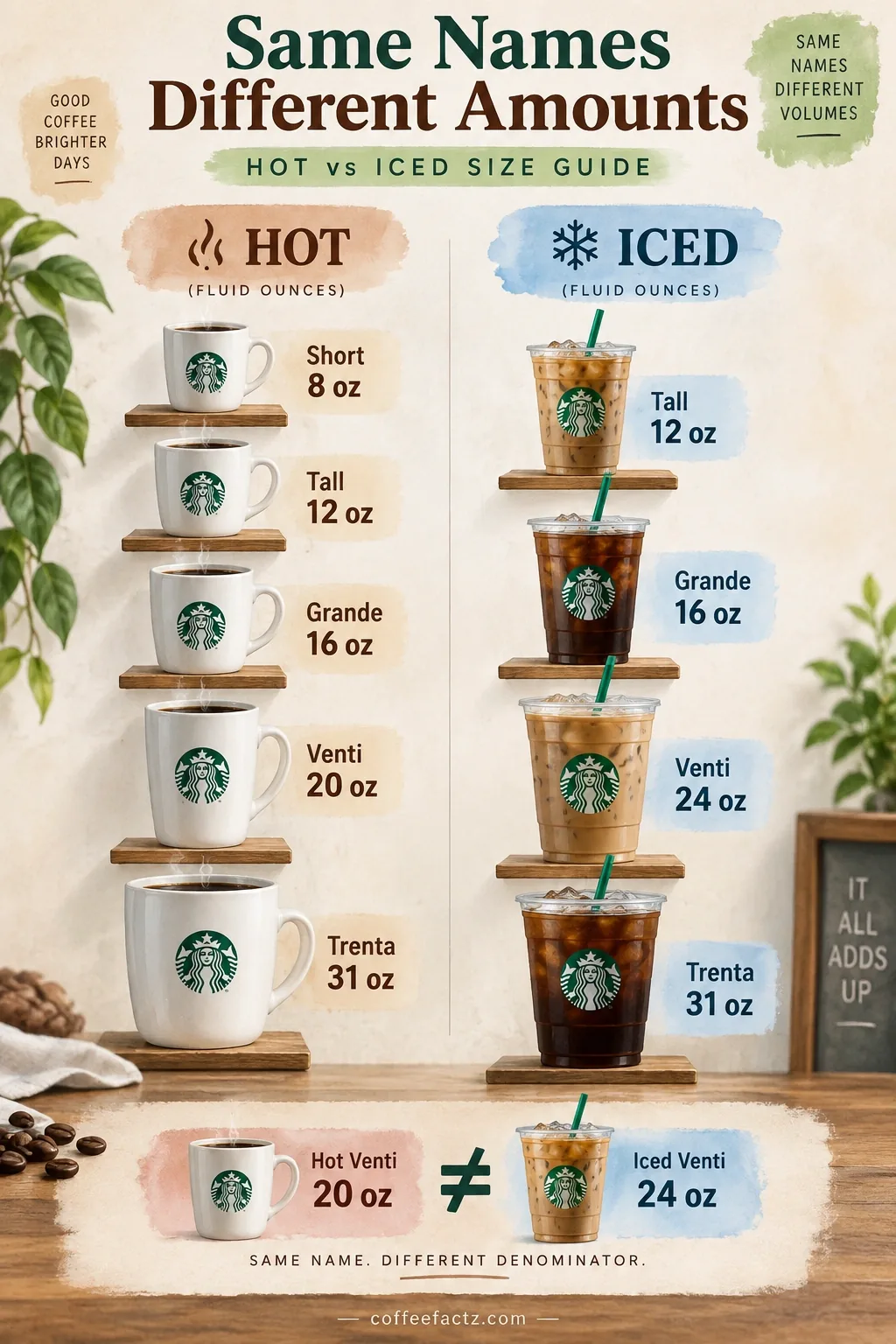 Side-by-side size-ladder infographic comparing hot Venti 20 oz and iced Venti 24 oz fluid-ounce volumes.