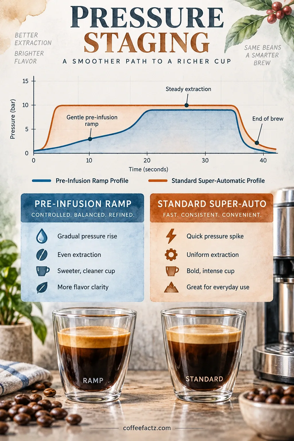 Pressure-staging curve comparing pre-infusion ramp profiles with standard super-automatic pressurized brew cycles.
