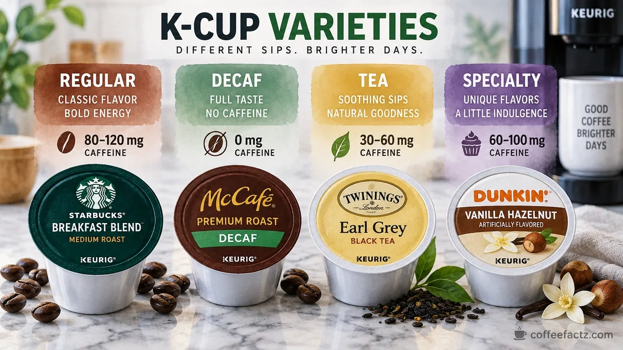 Macro photo of assorted K-Cup pods with caffeine labels comparing regular, decaf, tea, and specialty pods.