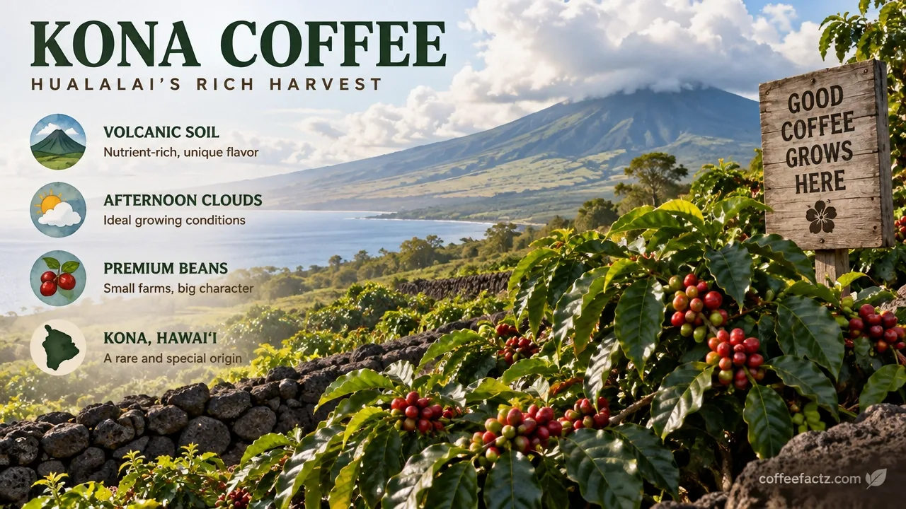 Kona coffee shrubs growing on the volcanic slopes of Hualalai under afternoon cloud cover in Hawaii