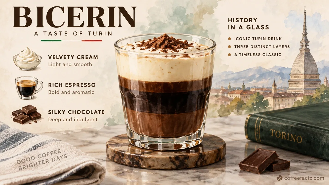 Documentary photo of a layered bicerin in a small glass, showing distinct coffee, chocolate, and cream strata.
