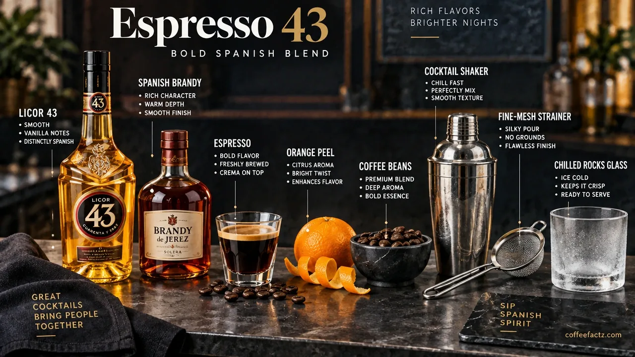 Overhead bar setup with Licor 43, Spanish brandy, espresso, orange peel, coffee beans, shaker, strainer, and chilled glass.