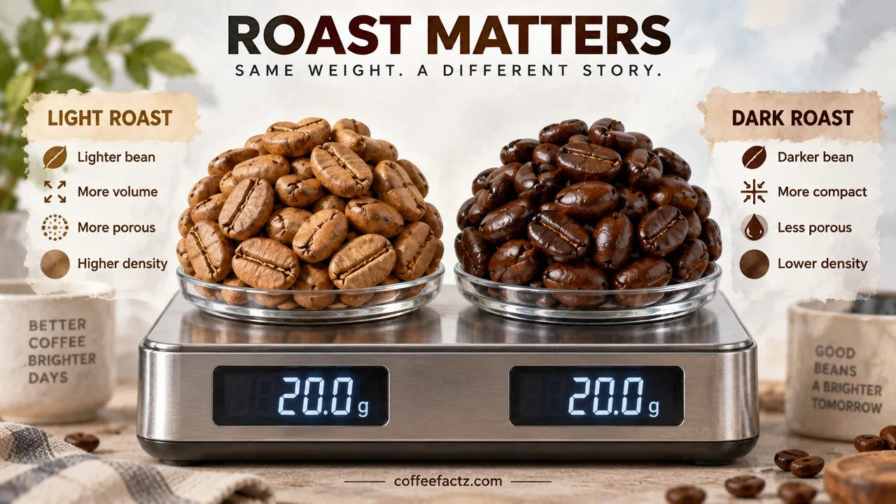 Macro side-by-side of light and dark roasted coffee beans on a digital scale, showing density and mass differences by roast degree.