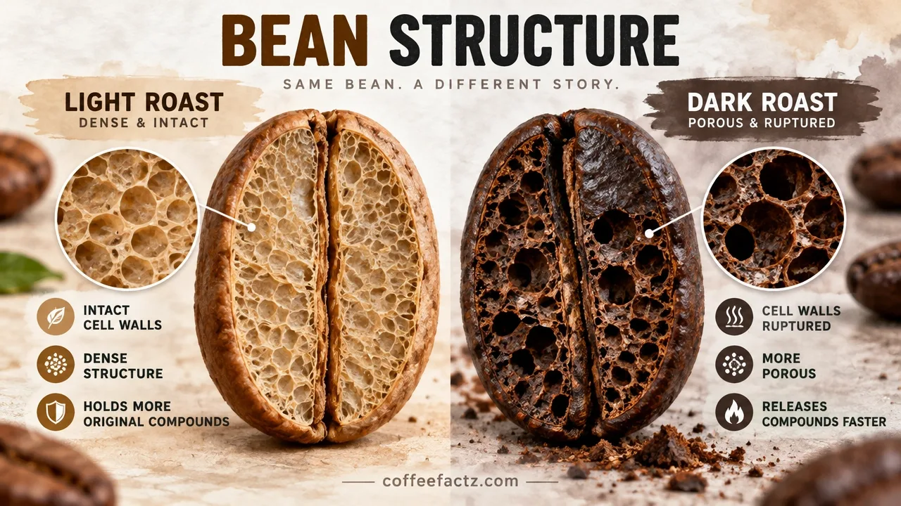 Macro cross-section of a dense light-roast coffee bean with intact cell walls beside a porous, ruptured dark-roast bean.