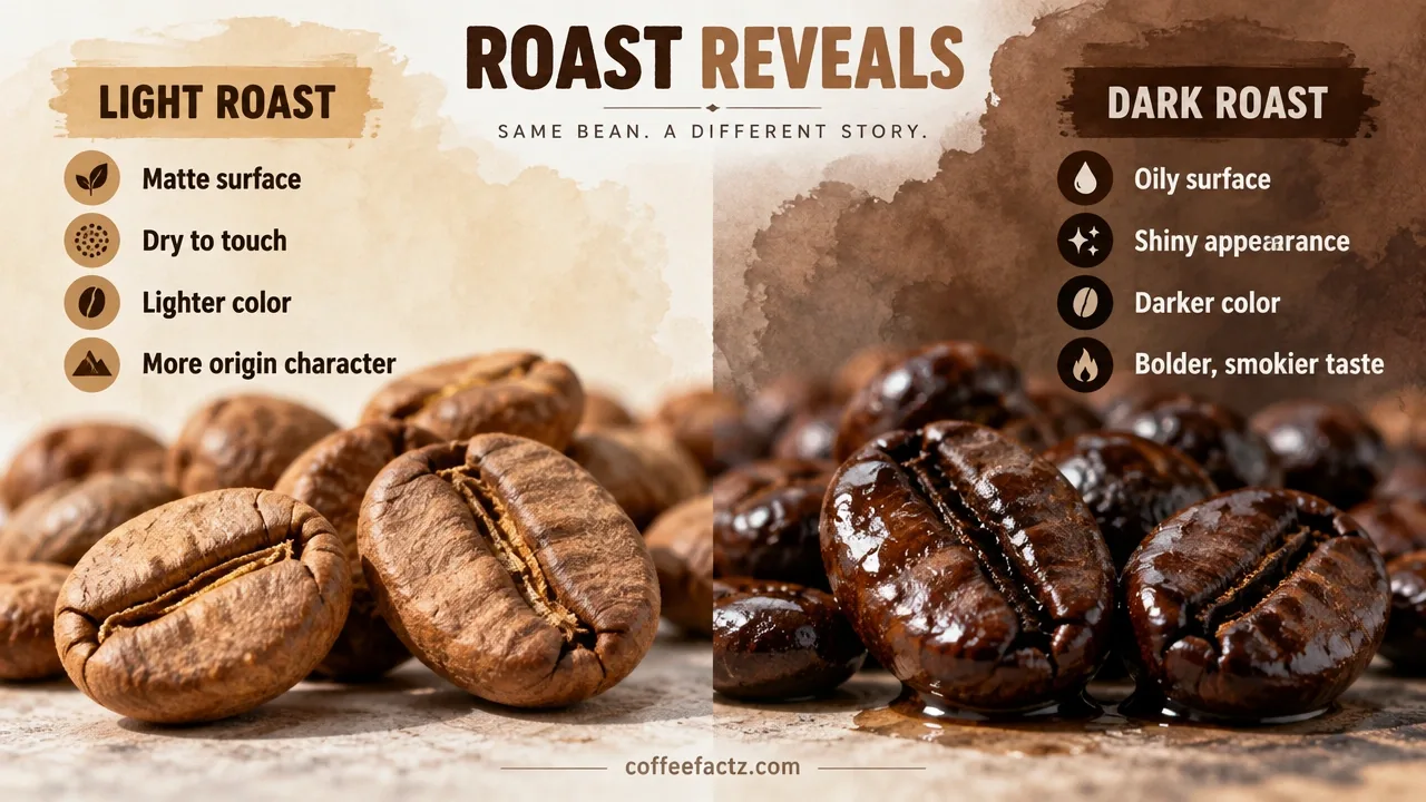 Macro photo comparing matte dry light-roast coffee beans with glossy oil-slicked dark-roast beans, highlighting surface oil.