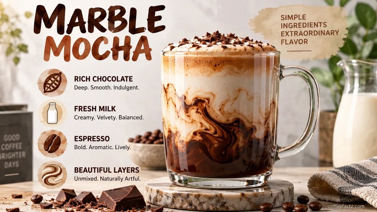Close-up hyper-realistic marble mocha with distinct unmixed chocolate and milk layers before stirring, studio lit.