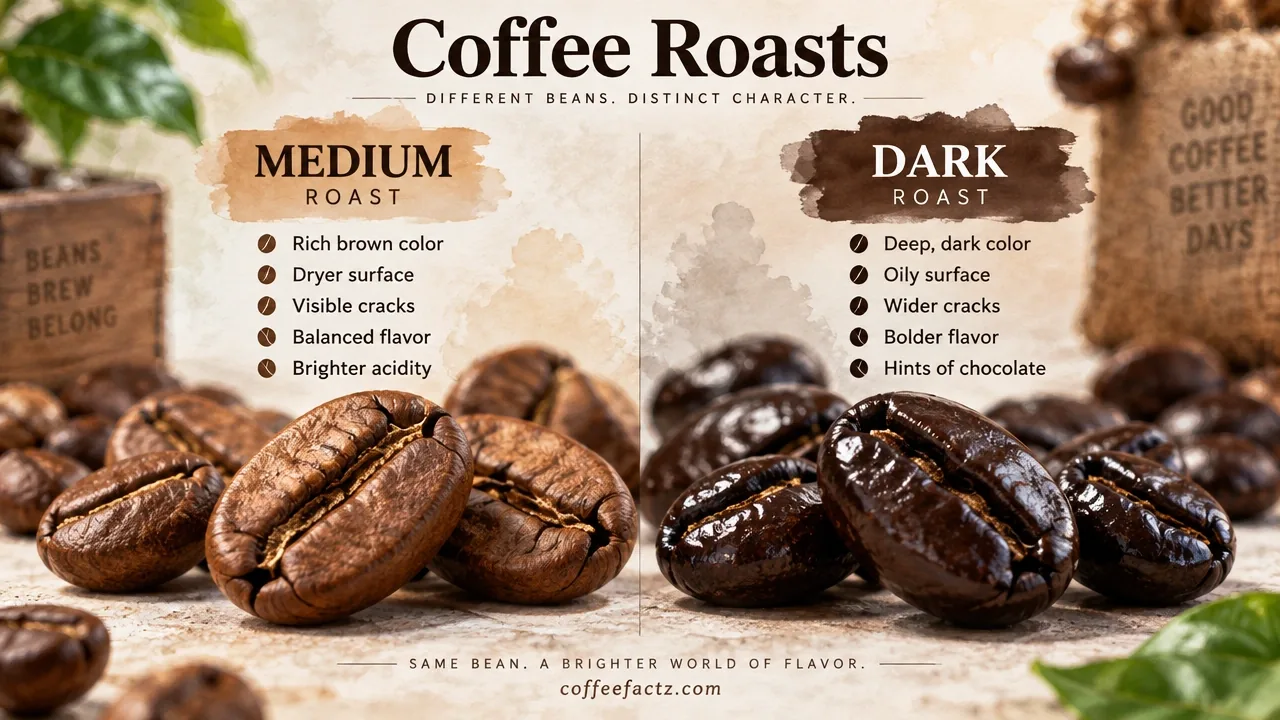Macro photo of medium and dark roast coffee beans side by side, showing surface oils, color, and cracks.