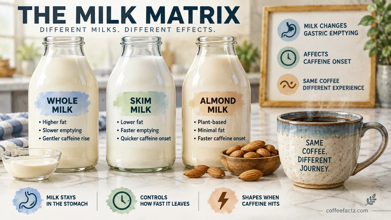 Whole milk, skim milk, and almond milk beside a coffee cup illustrating milk choice effects on caffeine onset.