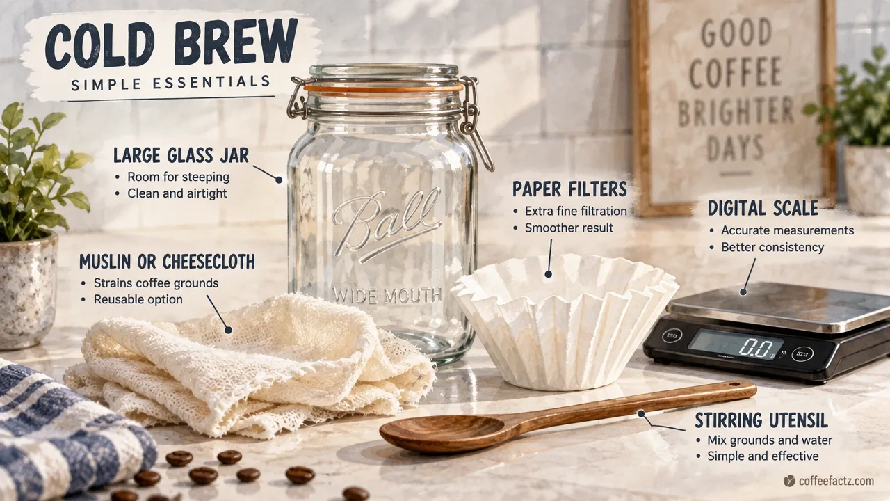 Minimal cold brew setup with glass jar, muslin cloth, paper filters, digital scale, and stirring utensil on a kitchen counter