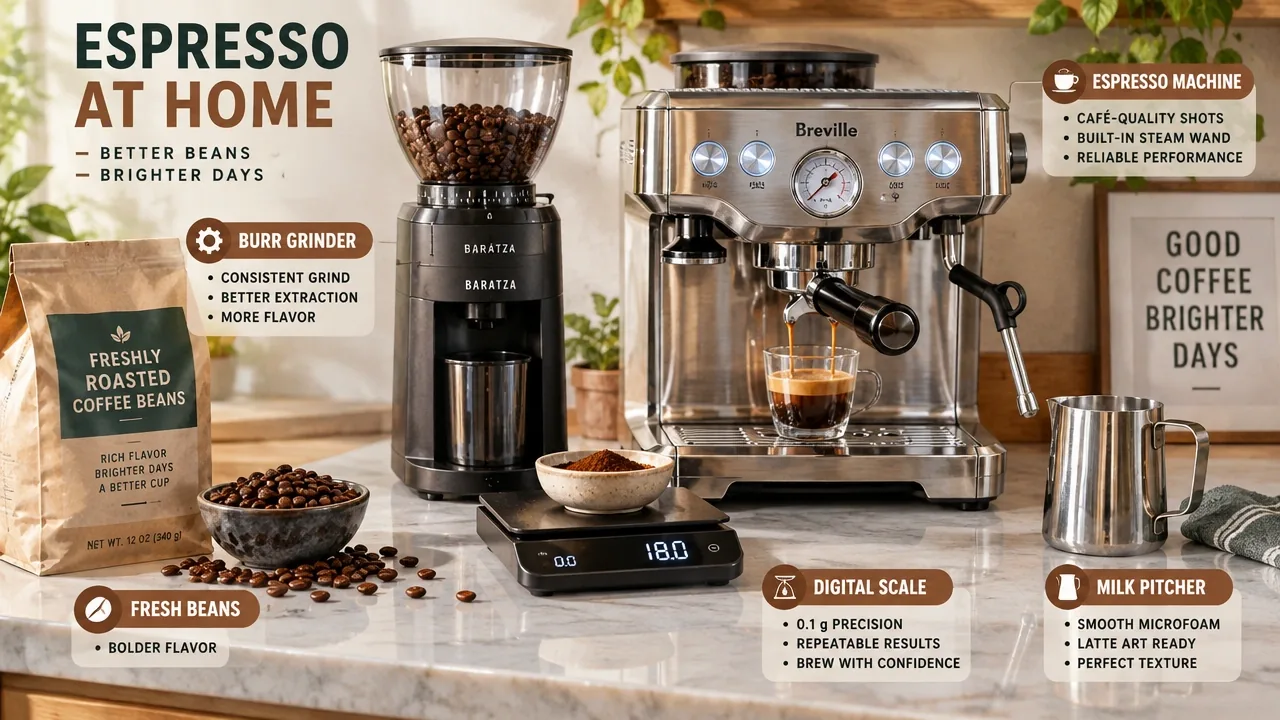 Home espresso station with burr grinder, 0.1 g scale, espresso machine, steam wand, milk pitcher, and roasted coffee beans.