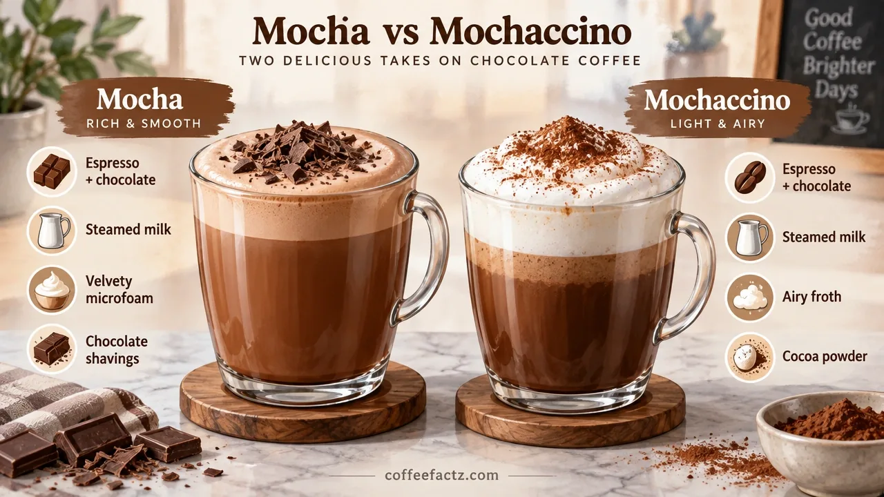 Side-by-side cafe mocha and mochaccino in clear glasses showing microfoam, airy froth, and distinct toppings.