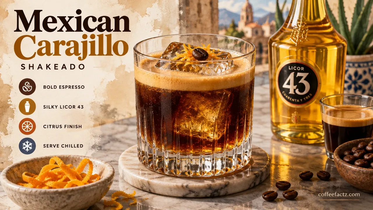 Watercolor-style infographic of a chilled Mexican carajillo shakeado with Licor 43, espresso, clear ice, and orange peel.