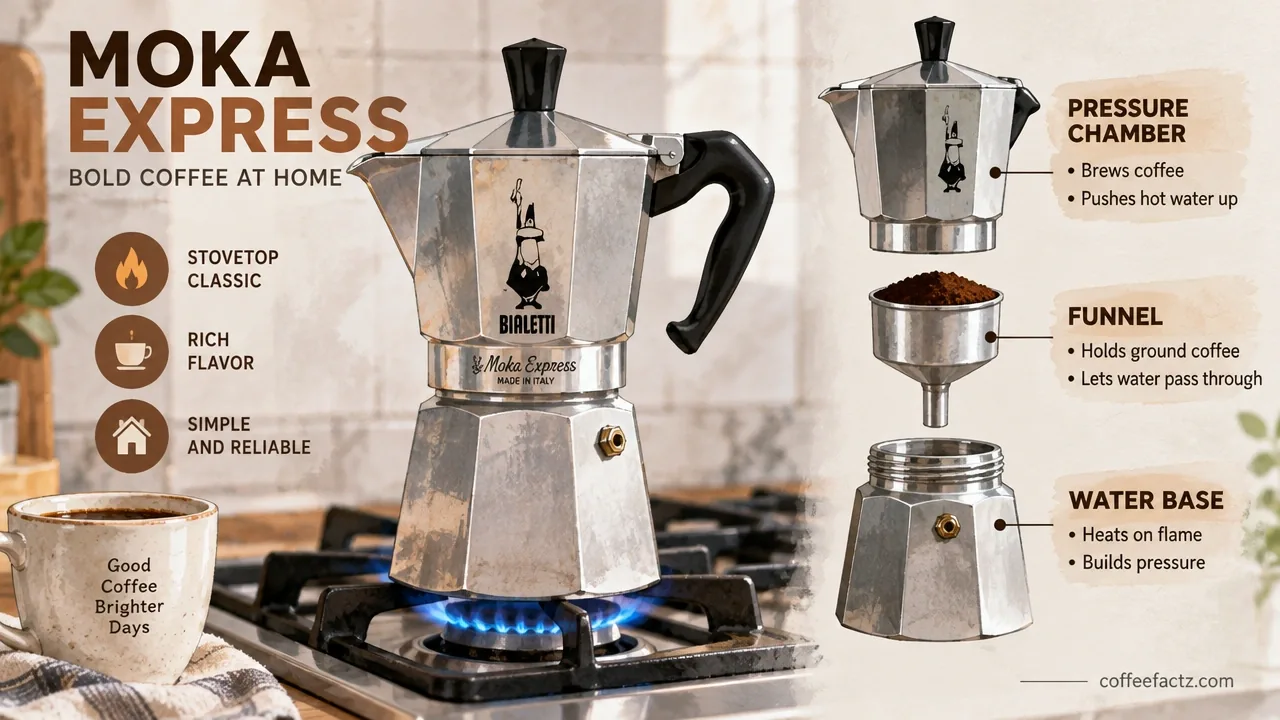 Moka Express stovetop brewer on gas flame showing pressure chamber and funnel in bright studio infographic style.