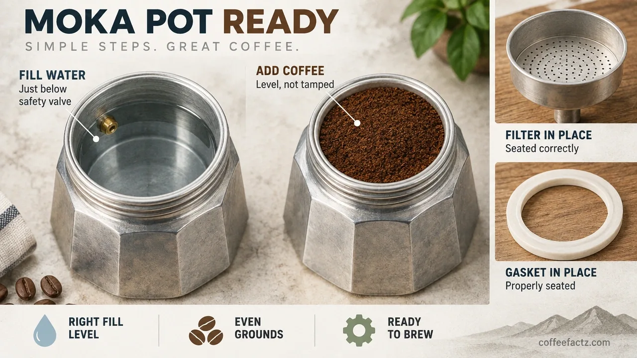 Moka pot bottom chamber filled just below safety valve with filter, gasket, and leveled grounds in an infographic close-up.