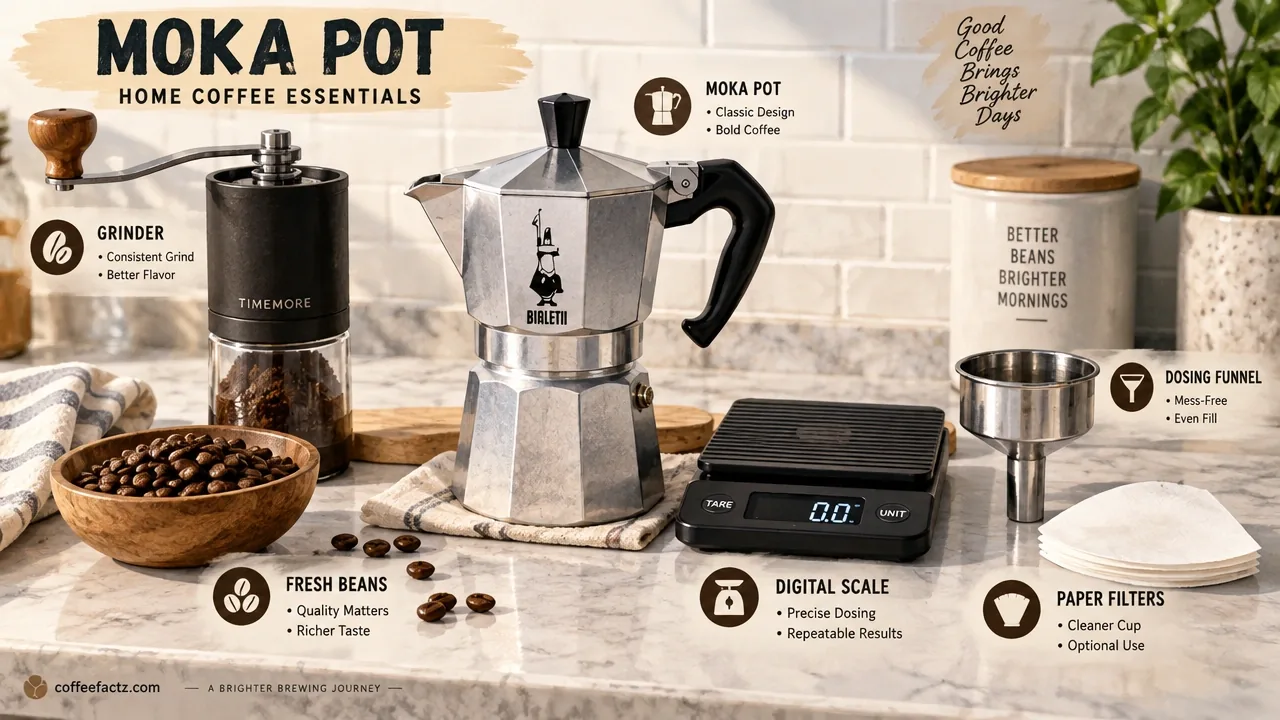 Complete moka pot setup with aluminum stovetop brewer, digital scale, grinder, fresh beans, dosing funnel, and paper filters.