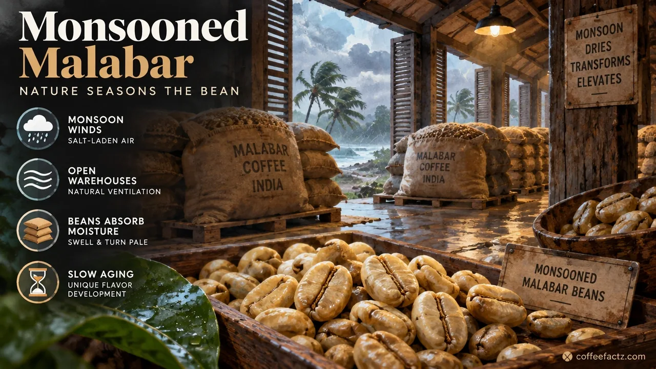 Watercolor infographic of Monsooned Malabar warehouse aging setup with swollen beans in India.