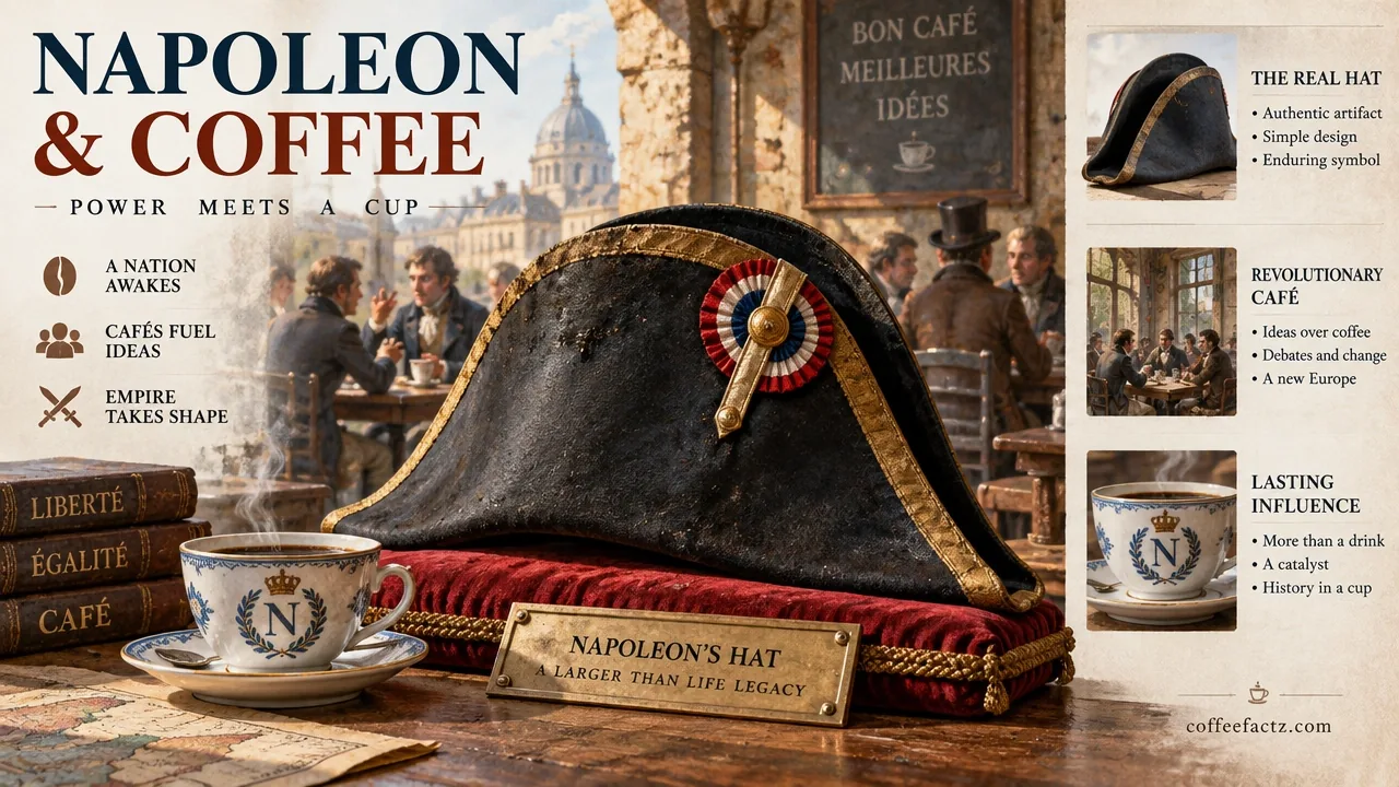 Watercolor-style Napoleon hat and Revolutionary cafe scene with infographic notes on legend versus source.