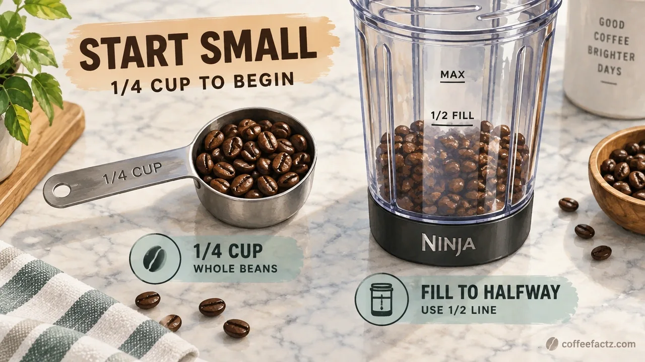 Top-down measuring cup with 1/4 cup whole beans beside a Ninja jar, conservative start and half-fill line.