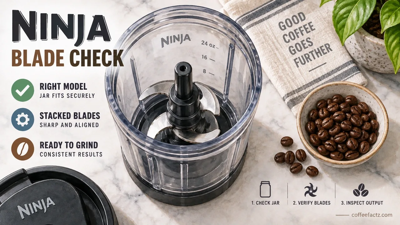 Overhead Ninja stacked blade assembly in a jar with whole coffee beans for blade output and model verification.