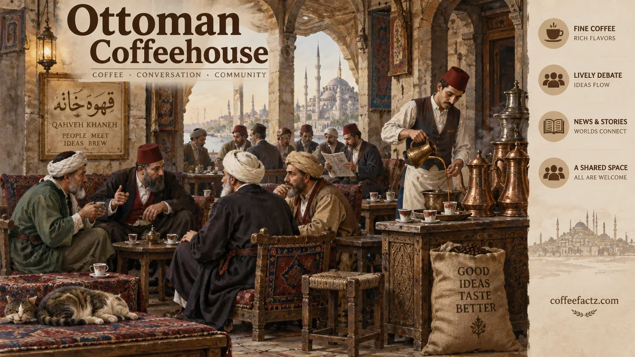 Historical Ottoman qahveh khaneh interior with coffee pots, low seating, and men gathered in communal debate.