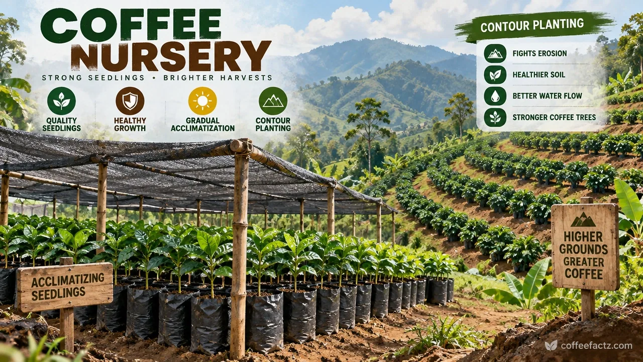 Coffee Cultivation: The Complete Farm Lifecycle From Soil to Cherry 9 Polybag coffee nursery with acclimatizing seedlings and contour-planted rows on a sloped farm.