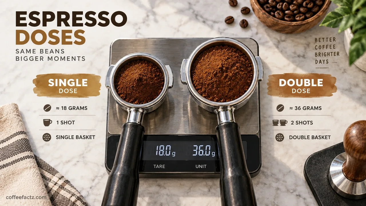Overhead documentary photo of single and double portafilter baskets with weighed coffee doses on a digital scale.