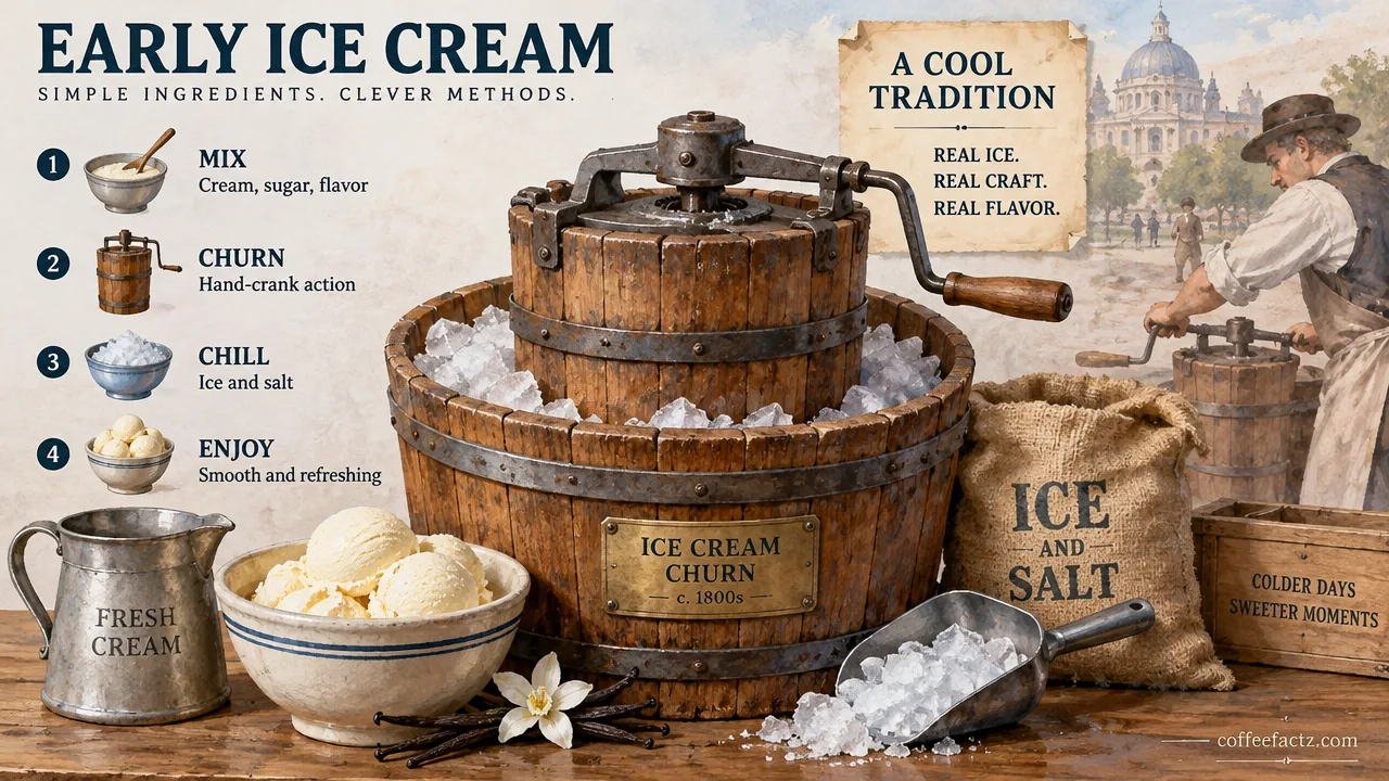 Historical ice-cream machine, ice-storage setup, and sorbet-making tools in a watercolor-textured infographic illustration.