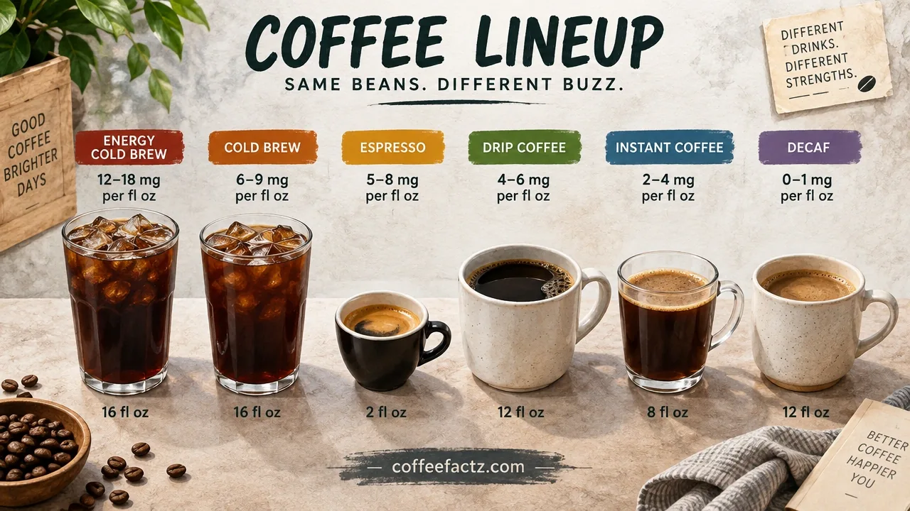 Dunkin Caffeine Content: The Complete Menu Chart for Every Drink and Size 12 Flat-lay infographic of ranked coffee drinks from Energy Cold Brew to Decaf, with cup sizes and mg per fluid ounce tiers.