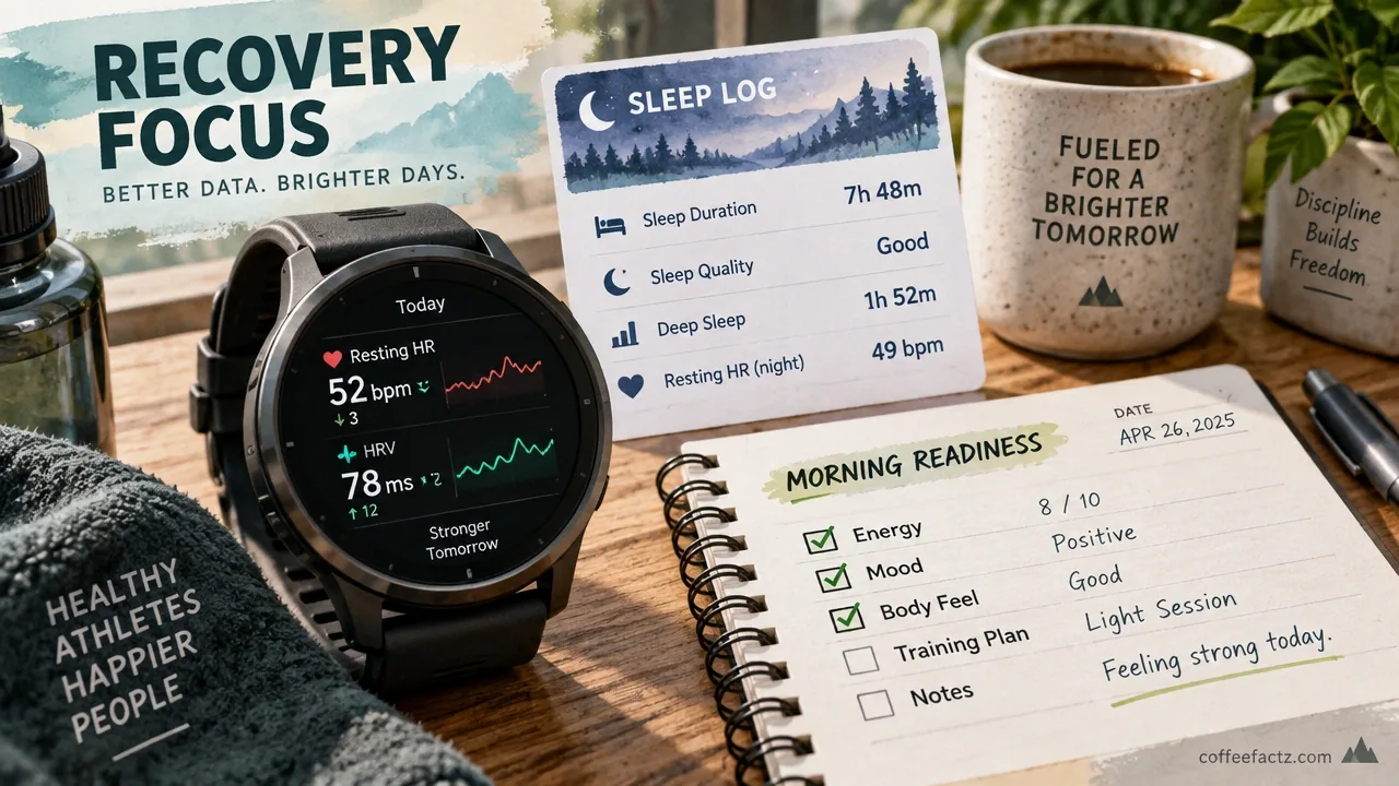Smartwatch showing resting heart rate and HRV trends beside a sleep log and athlete morning readiness notes.