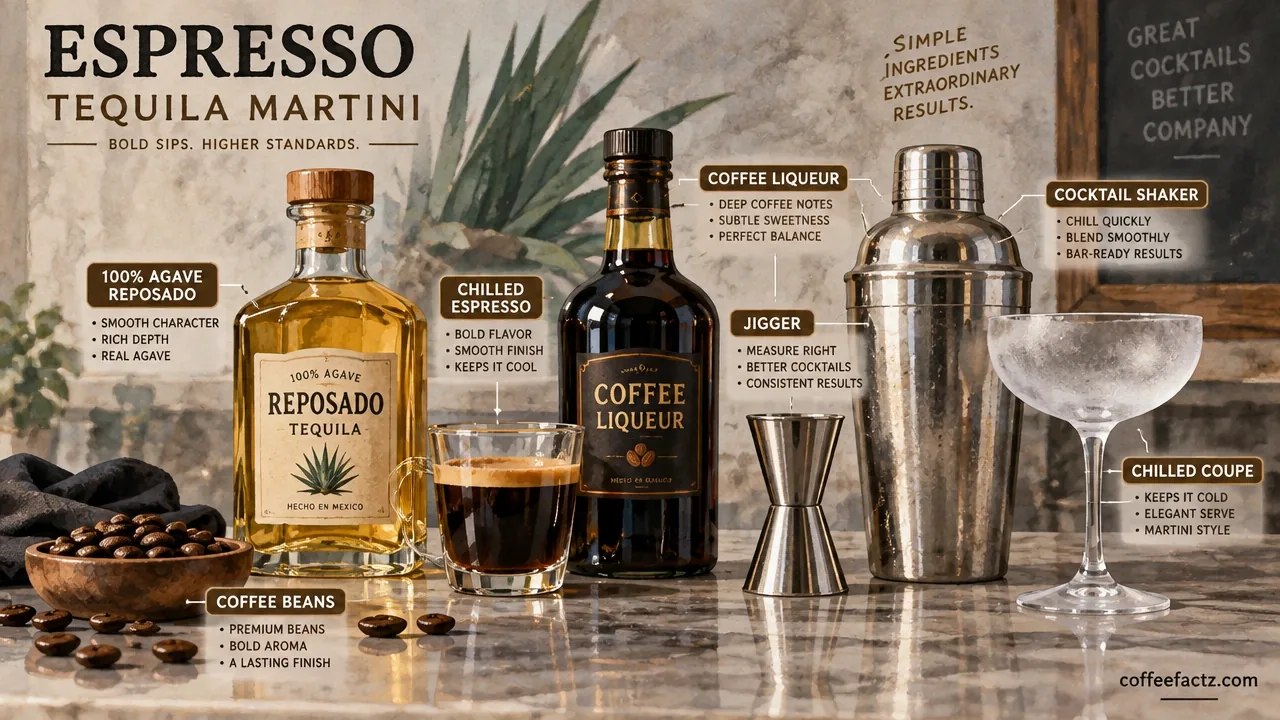 Macro prep station with agave reposado, chilled espresso, coffee liqueur, jigger, shaker, coupe, and coffee beans.