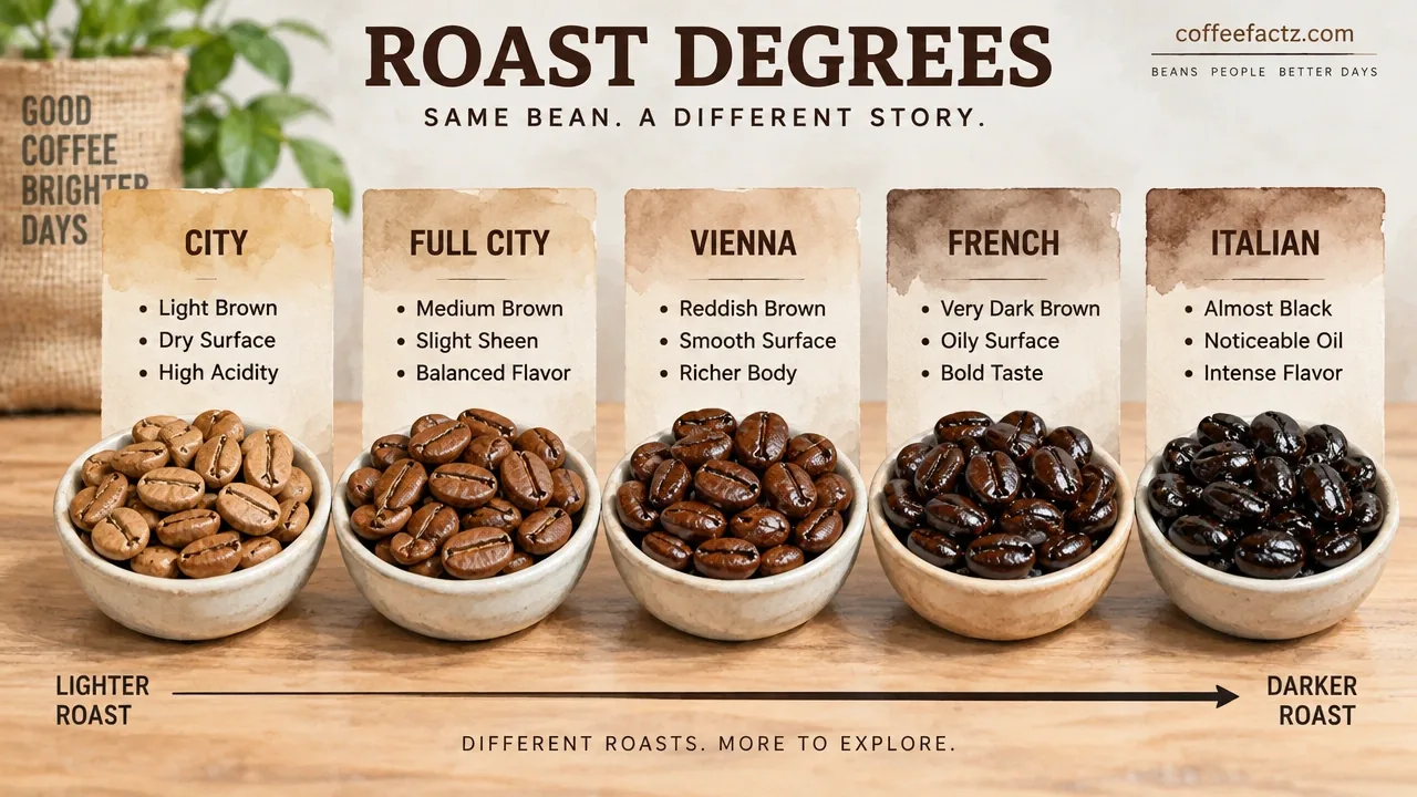 Labeled roast degree samples from City to French and Italian, showing color, oil, and surface texture differences.