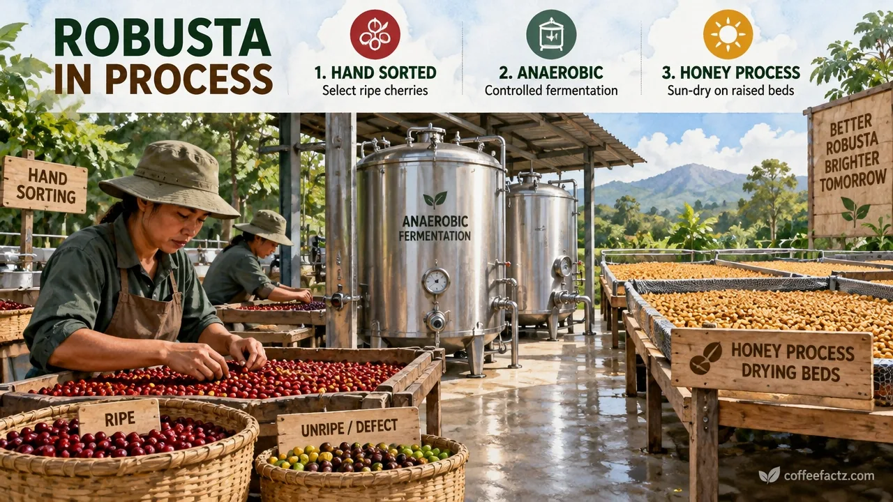Robusta Coffee: The Botanical, Chemical, and Fine Robusta Revolution You Need to Understand 12 Hand-sorted Robusta cherries beside anaerobic fermentation tanks and honey-process drying beds in a processing setup.