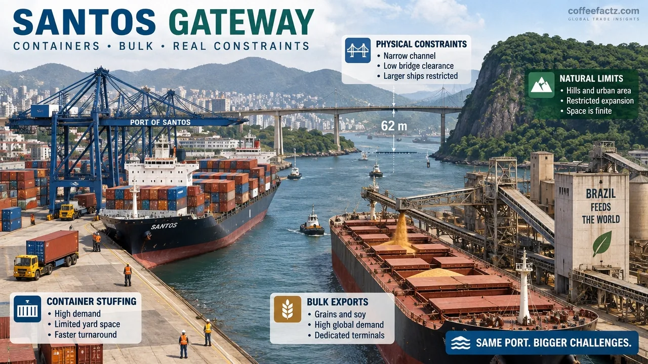 Hyper-realistic infographic of Santos port container stuffing and bulk export setup showing physical gateway constraints.