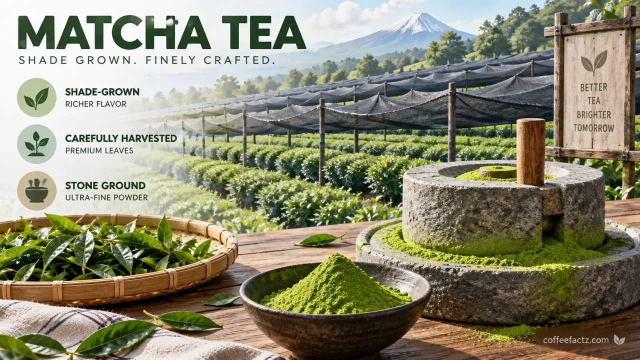 Shade-grown tea fields under row covers beside a stone mill dusted with vivid matcha powder, showing raw material and powder.