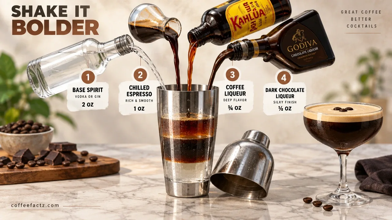 Close-up of a shaker being filled with base spirit, chilled espresso, coffee liqueur, and dark chocolate liqueur.