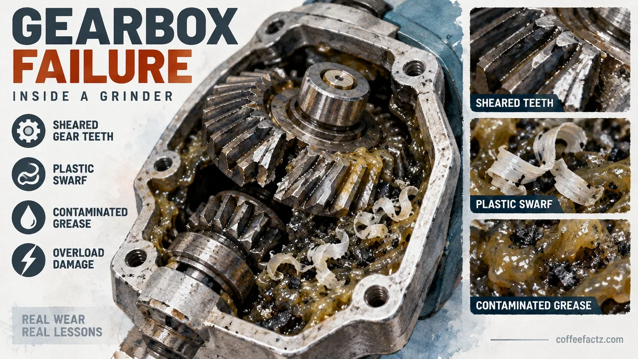 Macro view of sheared gear teeth, plastic swarf, and contaminated grease in a grinder gearbox after overload.