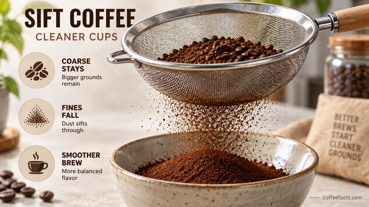 Fine-mesh sieve over bowl with coffee dust falling through, coarser grounds remaining, showing sifting fines.