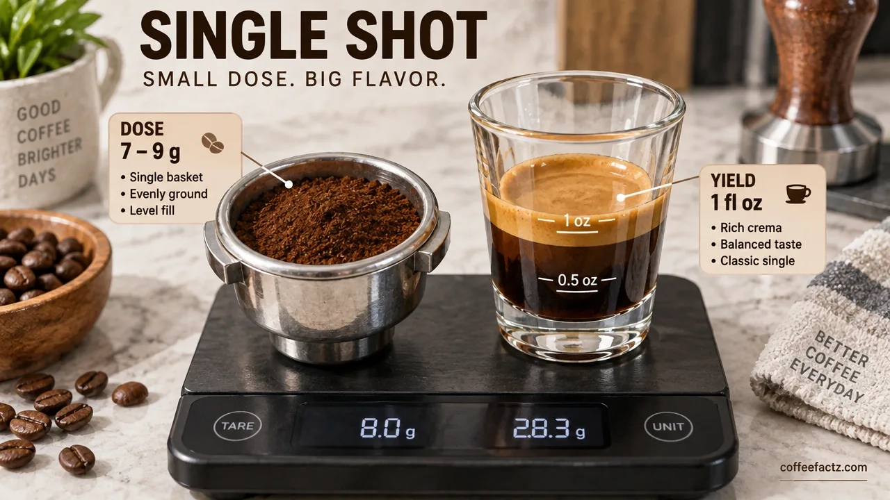Close-up espresso basket with 7 to 9 g coffee beside a 1 fl oz shot glass on a digital scale in bright studio lighting