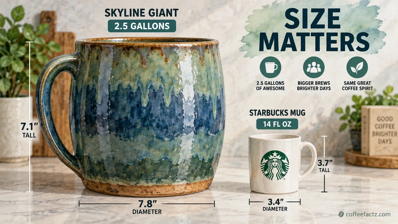 Scale comparison of a 2.5-gallon Skyline Giant next to a 14 fl oz Starbucks ceramic mug in a watercolor infographic.