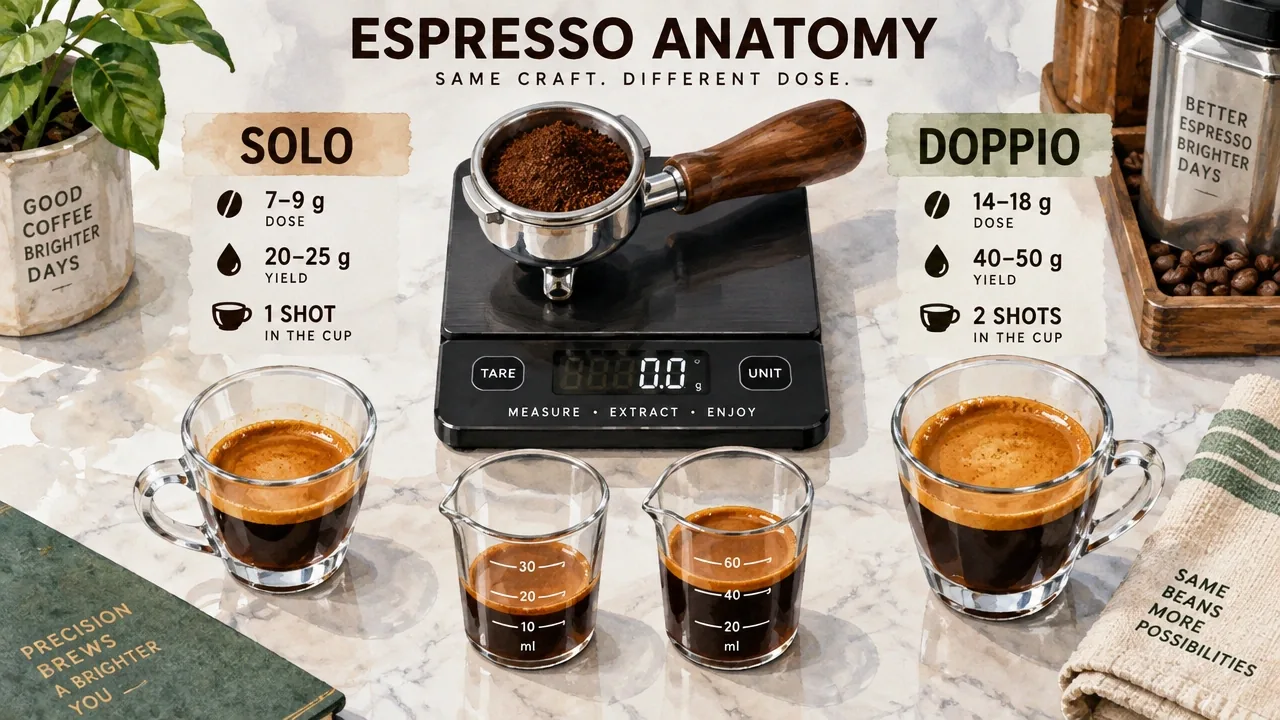 Overhead photo of a digital scale, portafilter, graded cups, and labeled dose/yield setup for solo and doppio espresso.